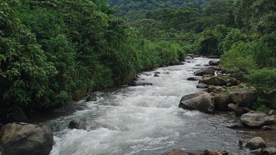 Aliran sungai berbatu di kawasan Bukit Cendono yang menjadi salah satu panorama alam di sekitar jalur pendakian.